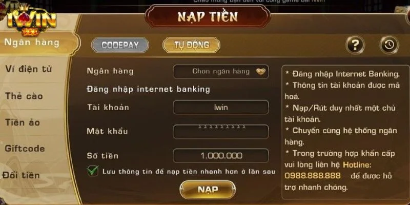 Giao dịch nạp tiền tại cổng game IWIN thành công ngay sau khi thành viên ấn Xác nhận. 
